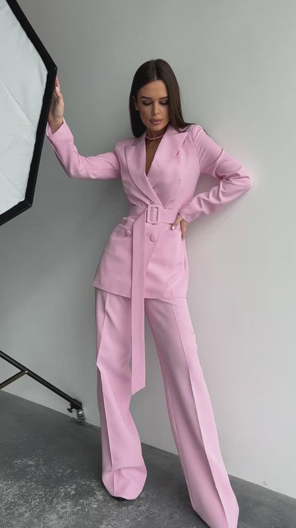 Pink Zweireihiger Anzug mit Gürtel, 2-teilig