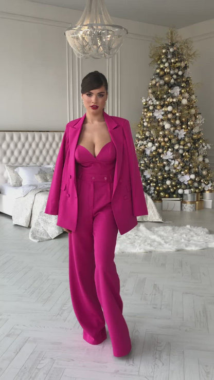 Crimson Double Breasted Wide Leg Suit 3-Piece With Top