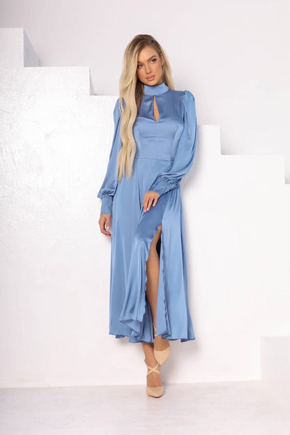 trinarosh Blue Silk Long Sleeve Maxi Dress