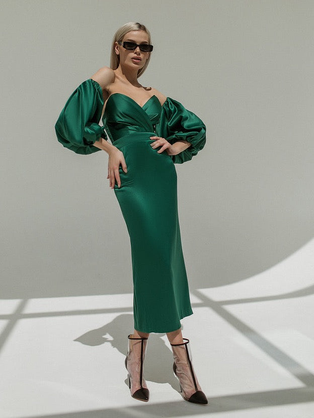 trinarosh Emerald Puffed Sleeve Midi Prom Dress