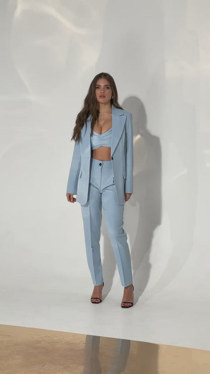 Sky-Blue Casual 3-Piece Suit With Straight Leg Trousers And Top