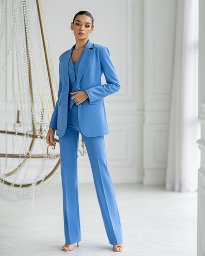trinarosh Blue Classic 3-Piece Suit With Flared Trousers And Vest