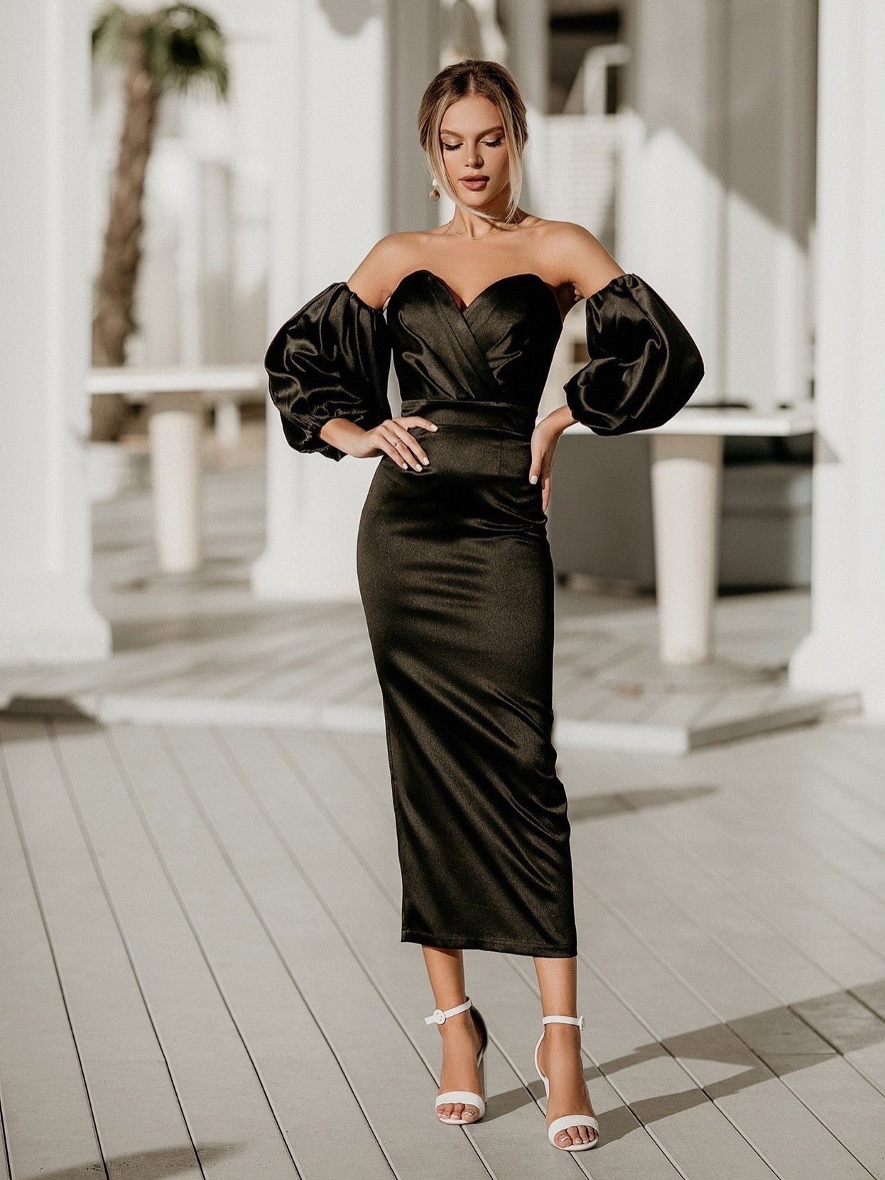 black puff sleeve prom dress black dress with sleeves prom Strapless Puff-Sleeve Long Prom Dress CD948 Black / 2