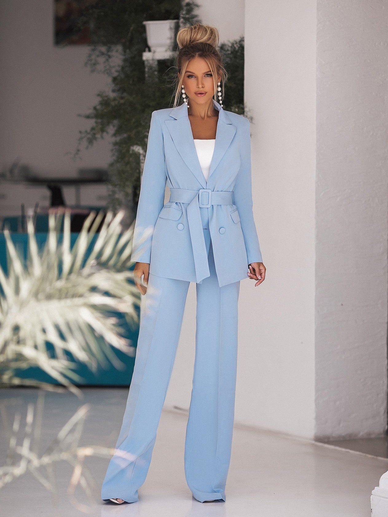 Sky-Blue Belted Double Breasted Suit 2-Piece – trinarosh