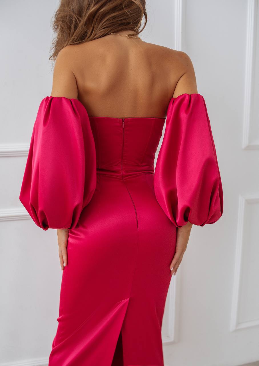 trinarosh Crimson Puffed Sleeve Midi Dress