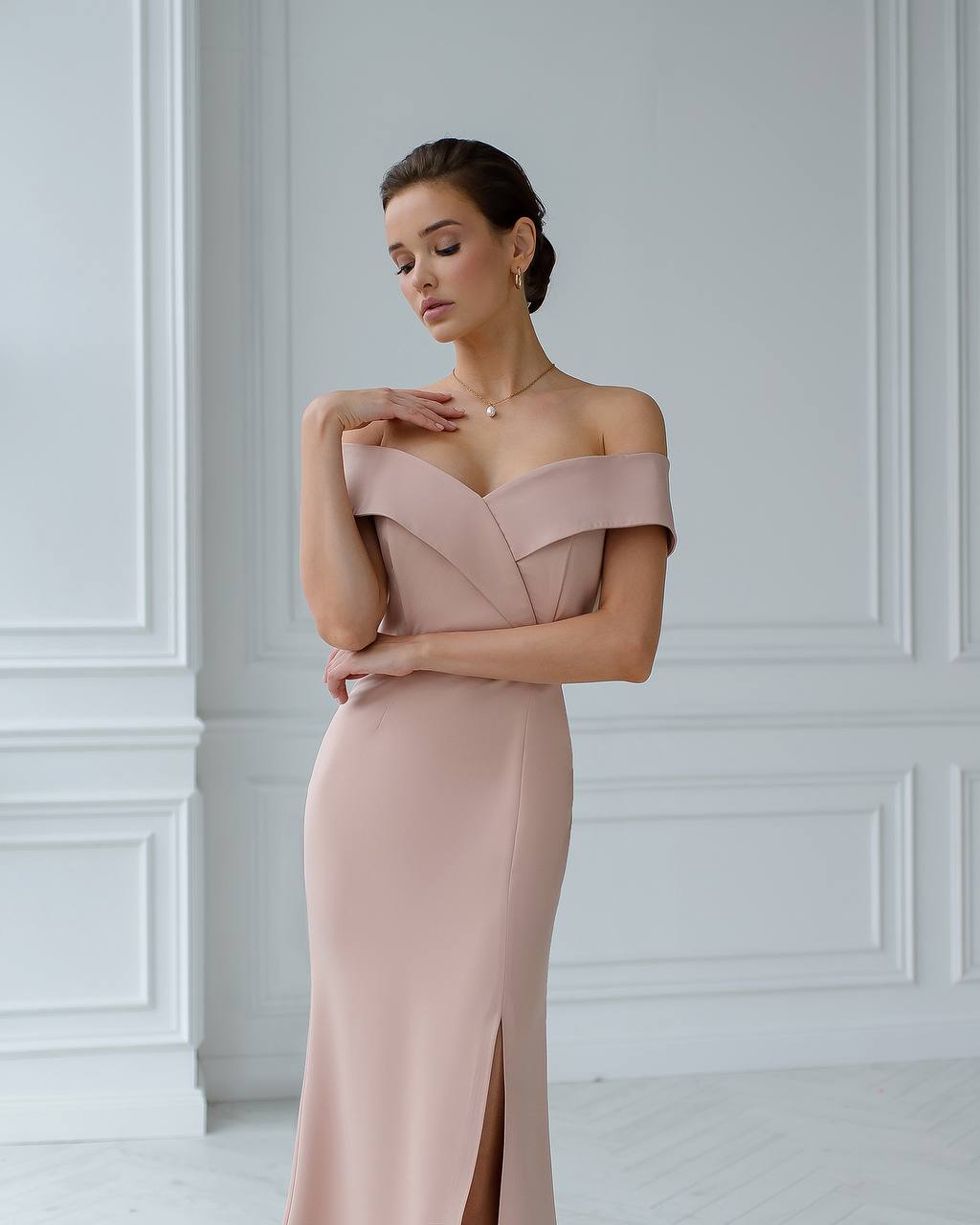beige pink dress Strapless Hot Pink Gown with Embellished Detail D5408