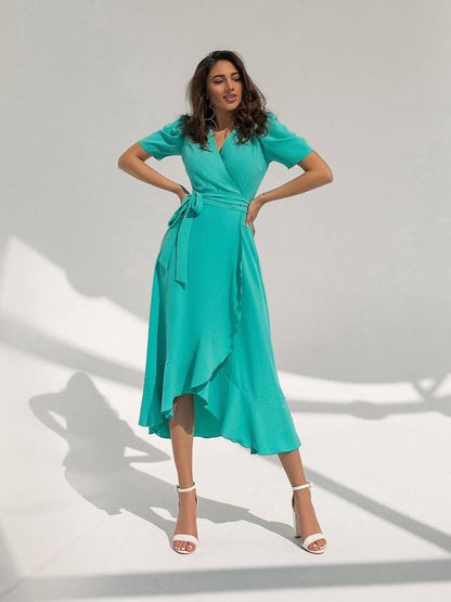 trinarosh Green Wrap Short Sleeve Midi Dress