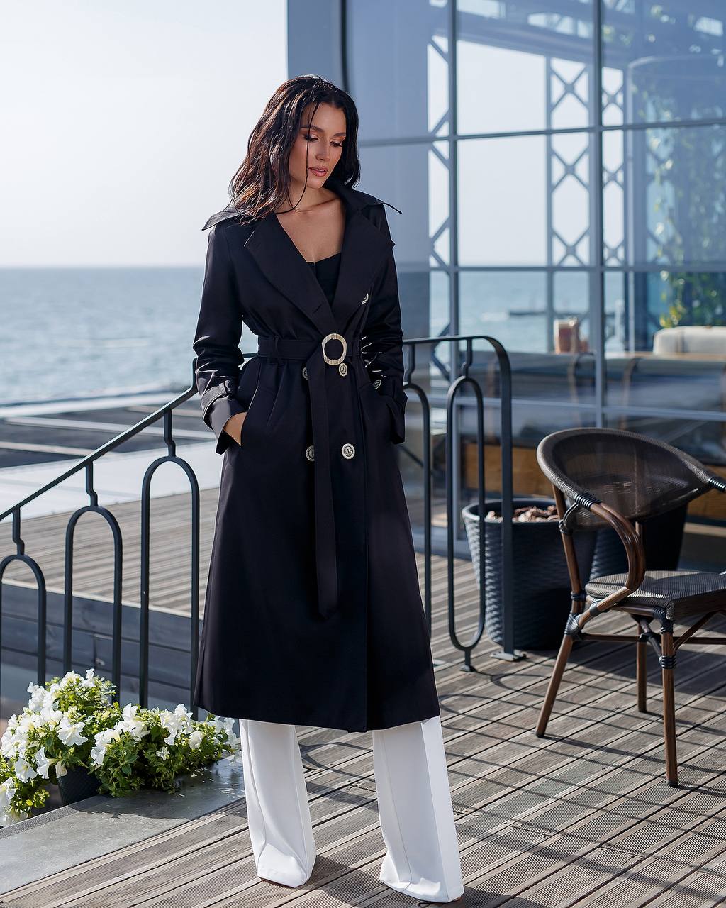 trinarosh Black Double-Breasted Belted Trench Coat