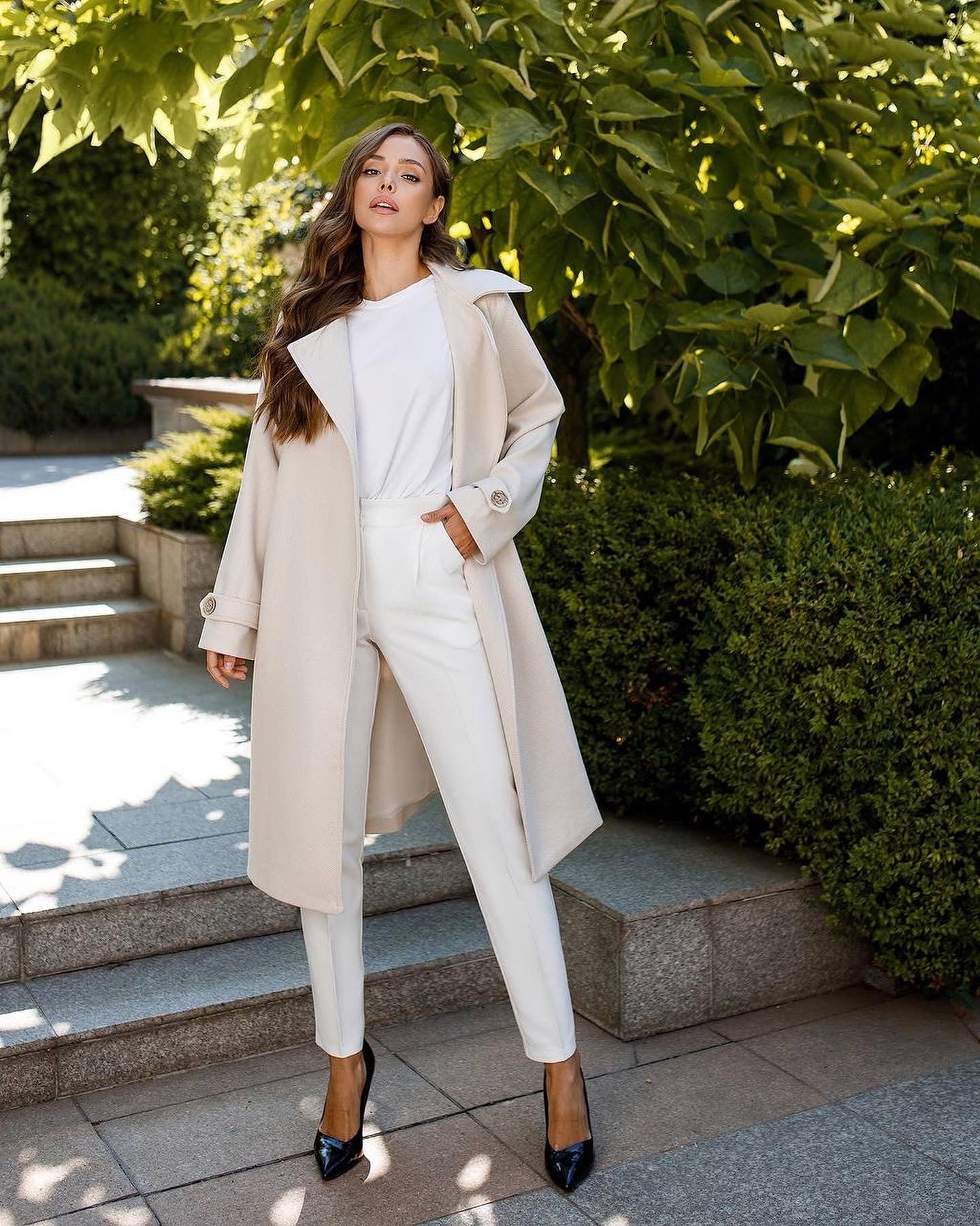 trinarosh Casual Milky-White Wool Belted Coat