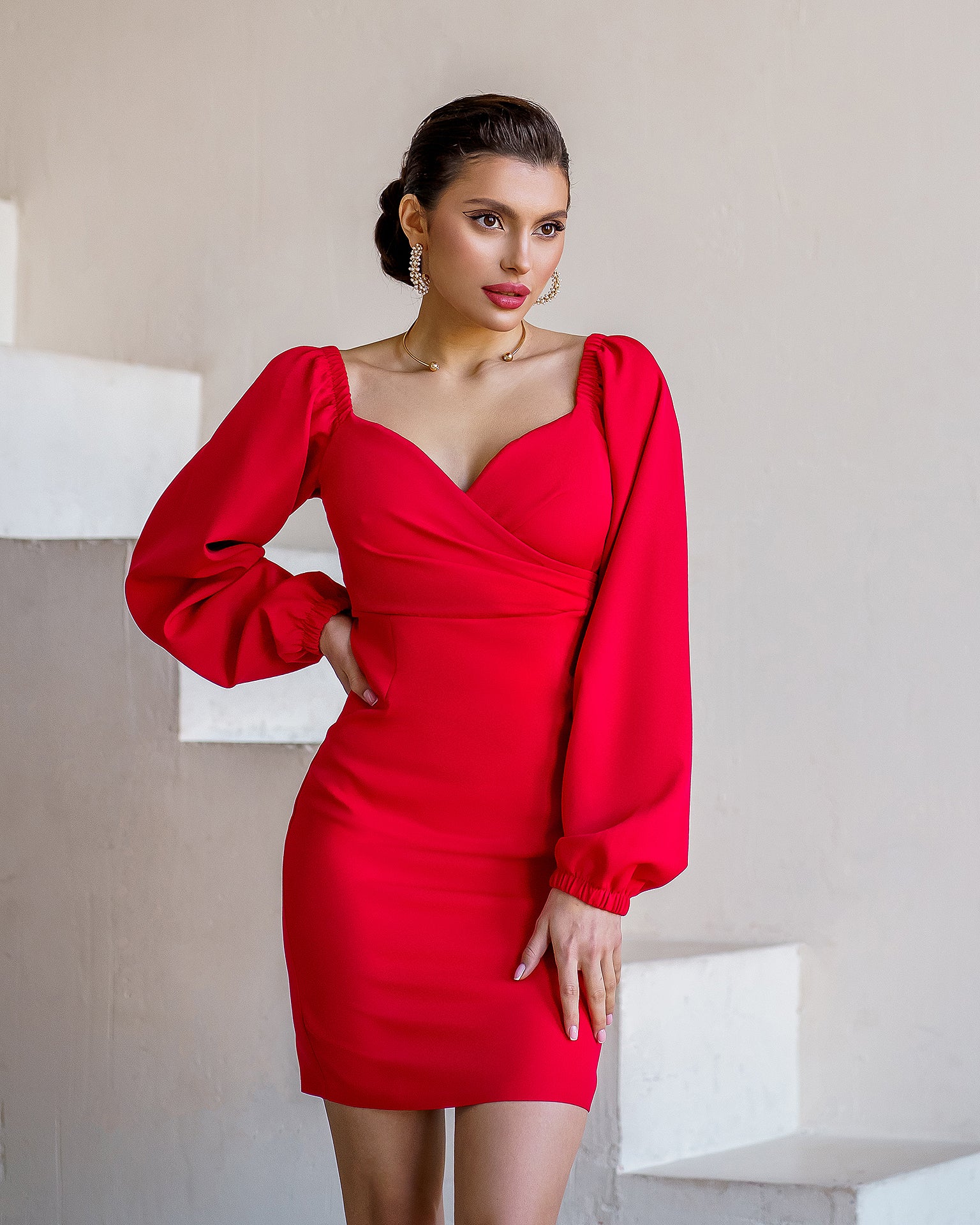 trinarosh Red Puff-Sleeve Mini Dress