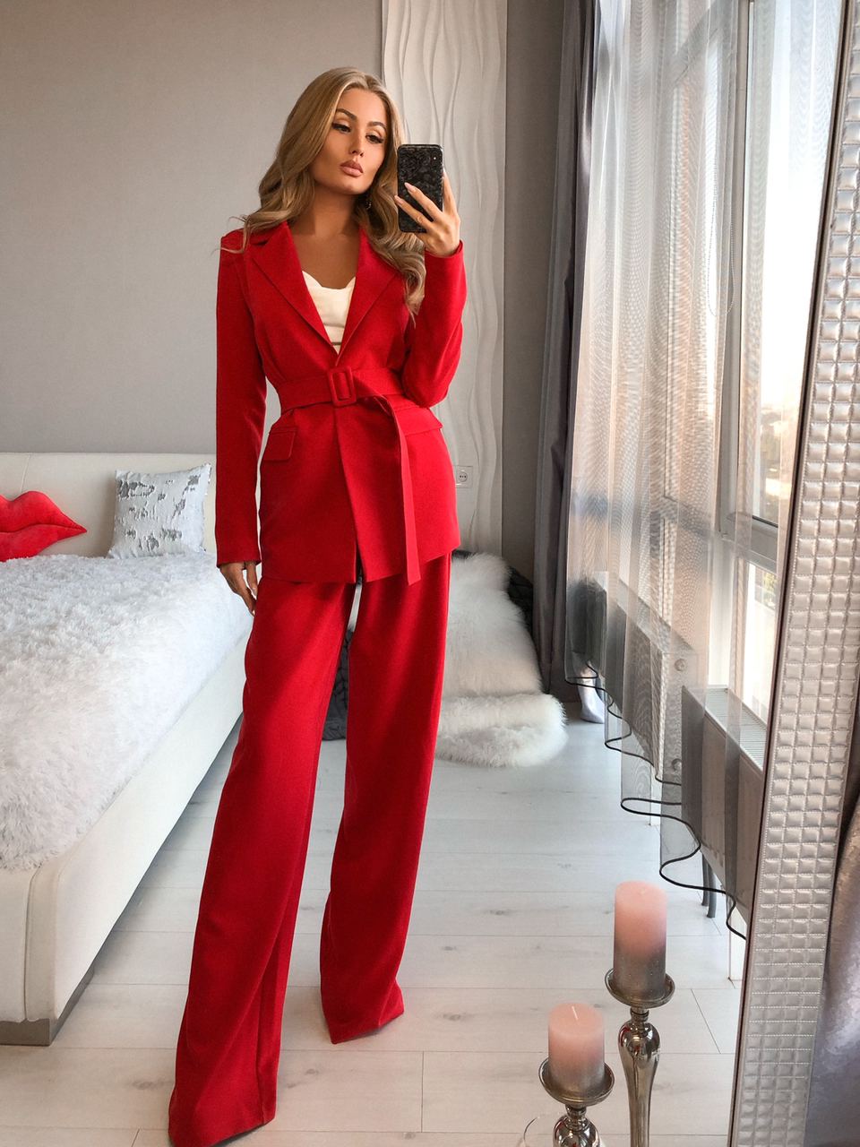 trinarosh Red Belted Wide-Leg Suit 2-Piece