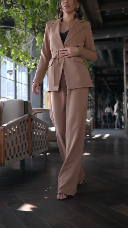 Caramel Belted Wide-Leg Suit 2-Piece