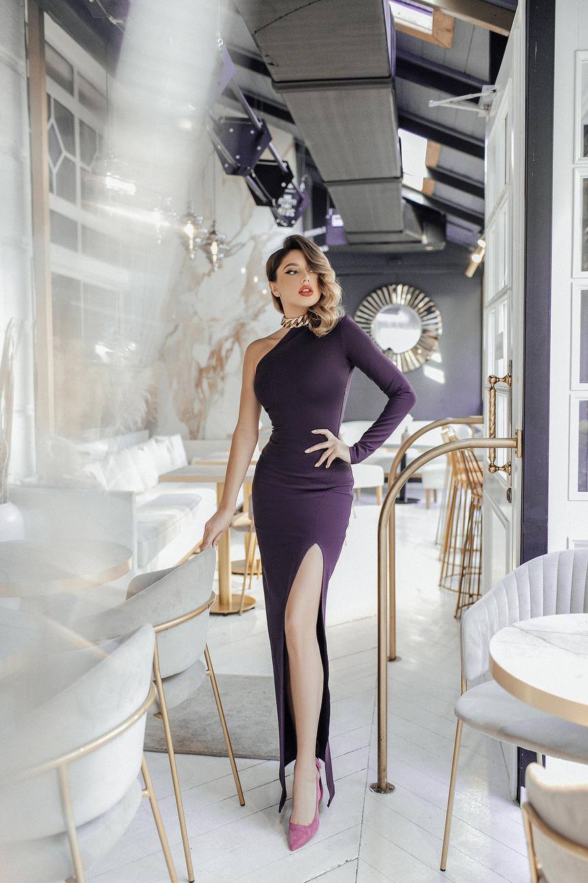 trinarosh Bandage Violet One-Shoulder With Leg Slit Maxi Dress