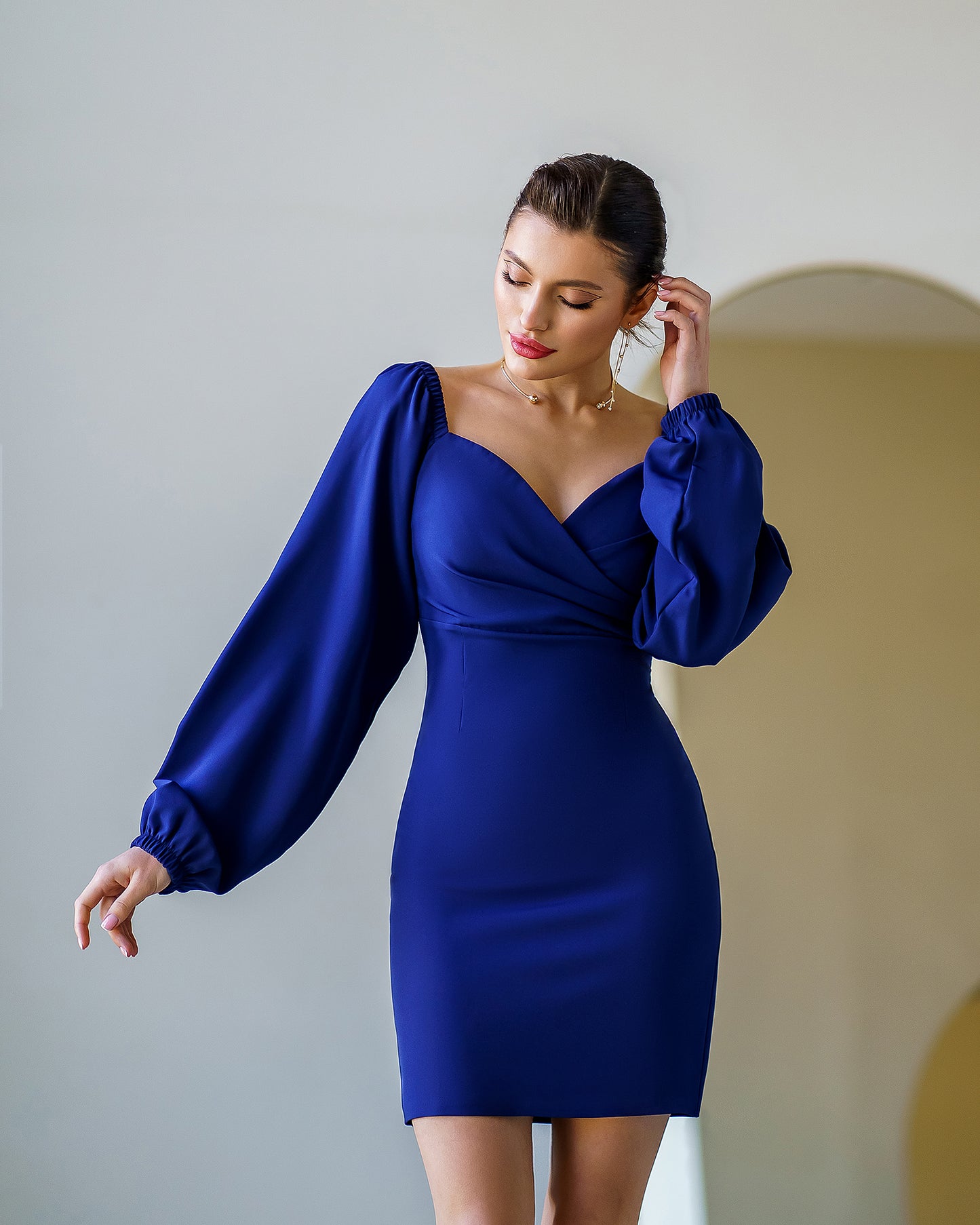 trinarosh Blue Puff-Sleeve Mini Dress