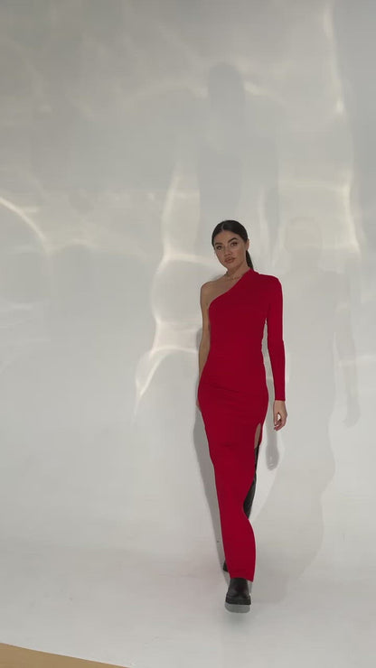 Bandage Red One-Shoulder With Leg Slit Maxi Dress