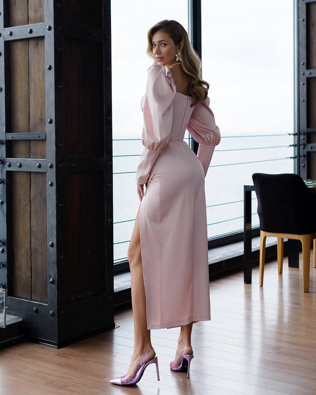 Dusty Pink Satin Puff-Sleeve Midi Dress trinarosh Dusty Pink Satin Puff-Sleeve Midi Dress trinarosh
