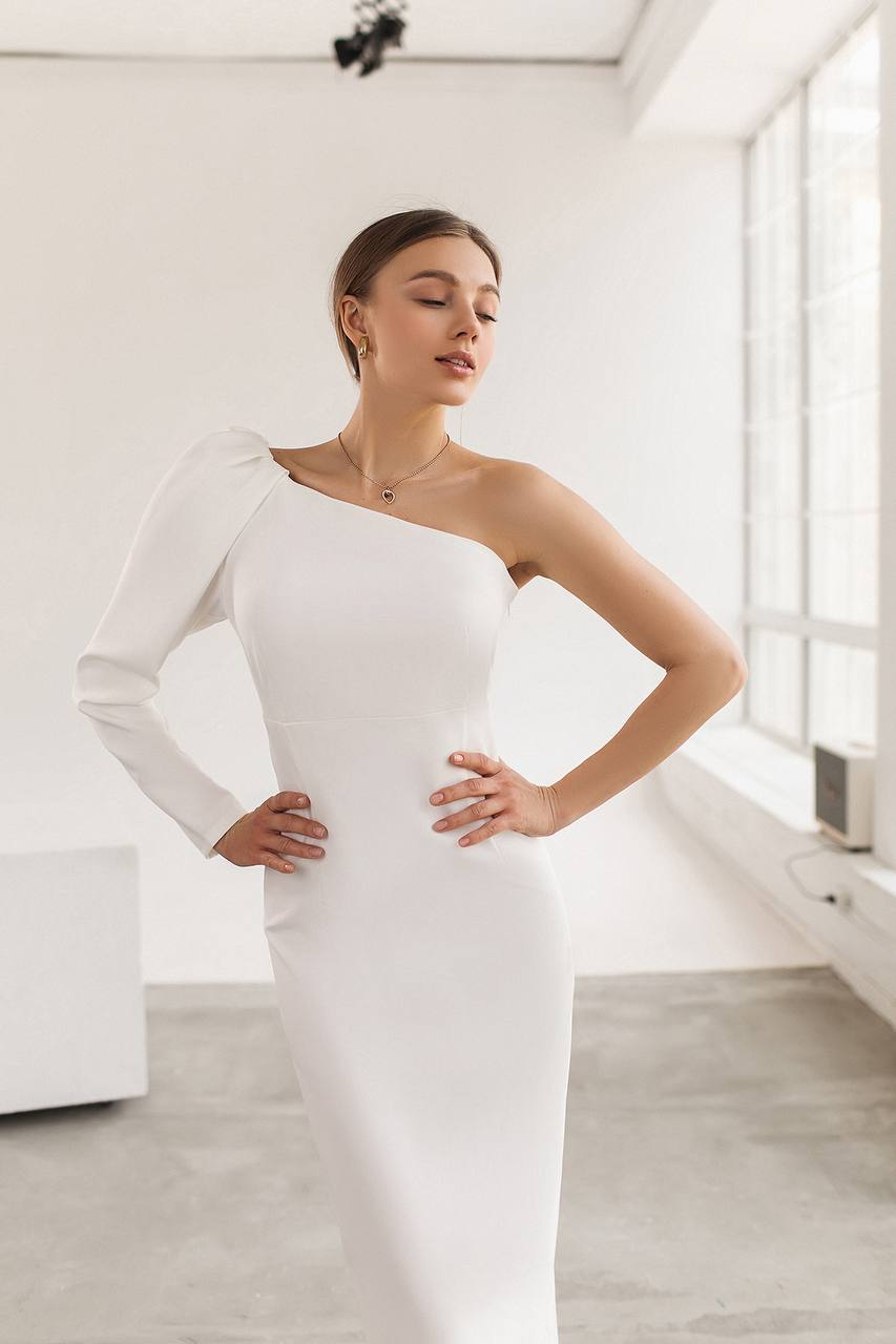 trinarosh White Alexa One-Shoulder Midi Dress