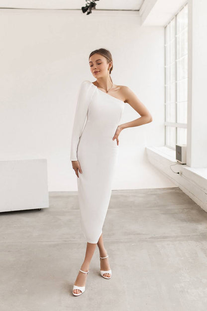 trinarosh White Alexa One-Shoulder Midi Dress