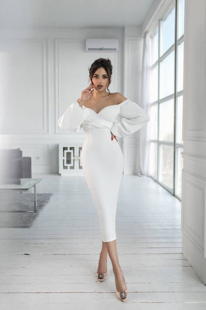 trinarosh White Puff-Sleeve Midi Dress