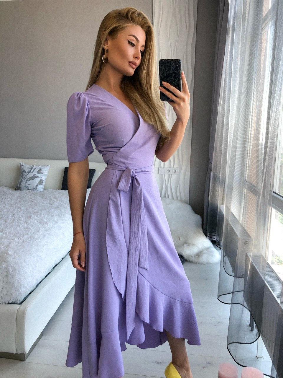 trinarosh Lavender Wrap Short Sleeve Midi Dress