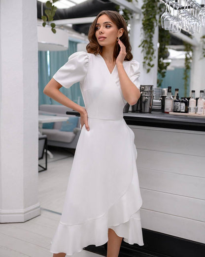 trinarosh White Wrap Short Sleeve Midi Dress