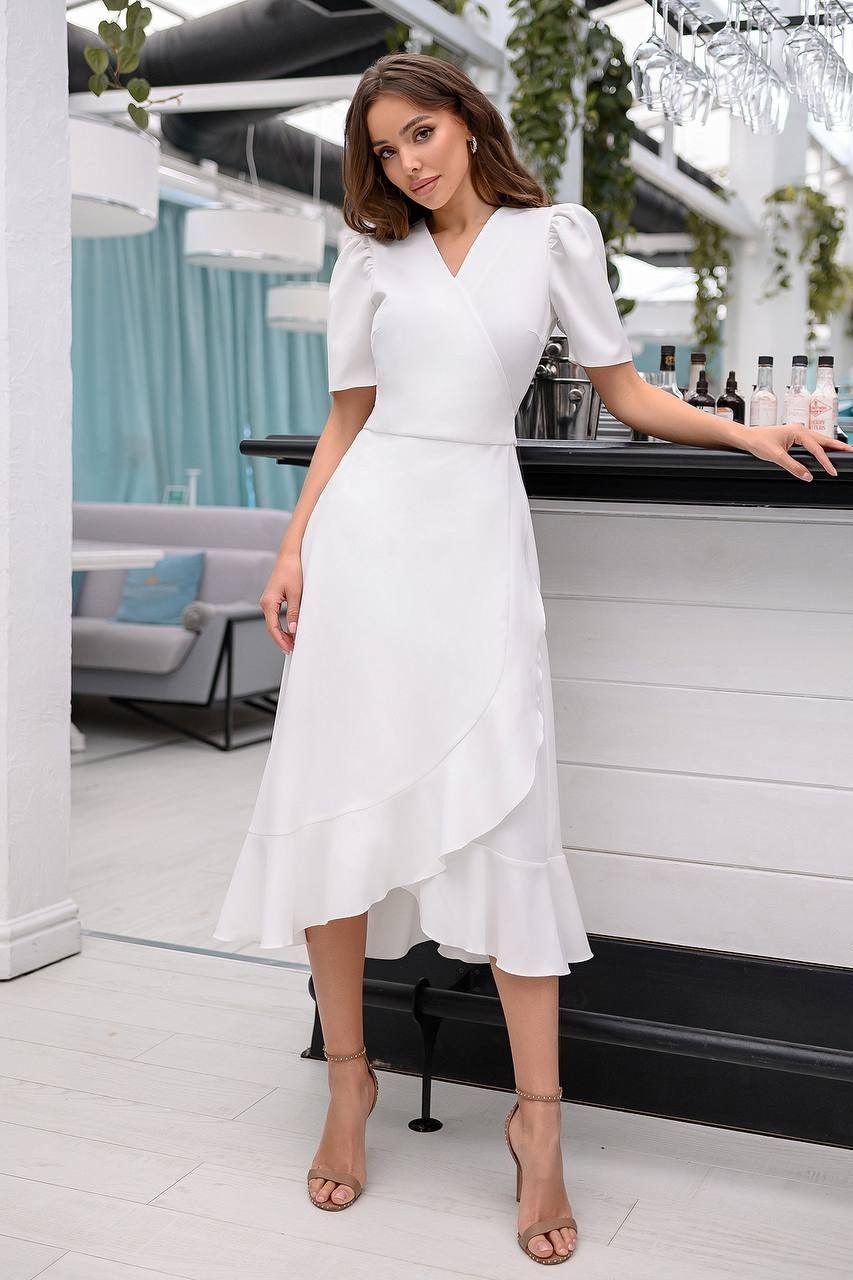 trinarosh White Wrap Short Sleeve Midi Dress