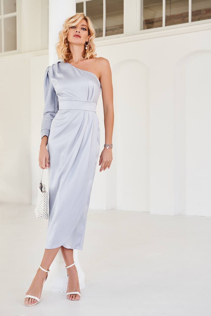 trinarosh Silver One-Shoulder Satin Midi Dress