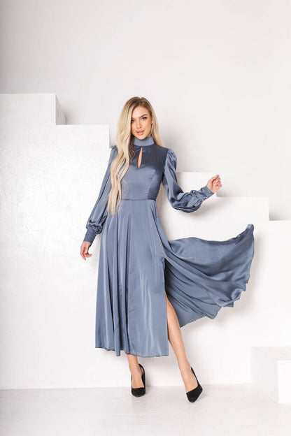trinarosh Graphite Silk Long Sleeve Maxi Dress